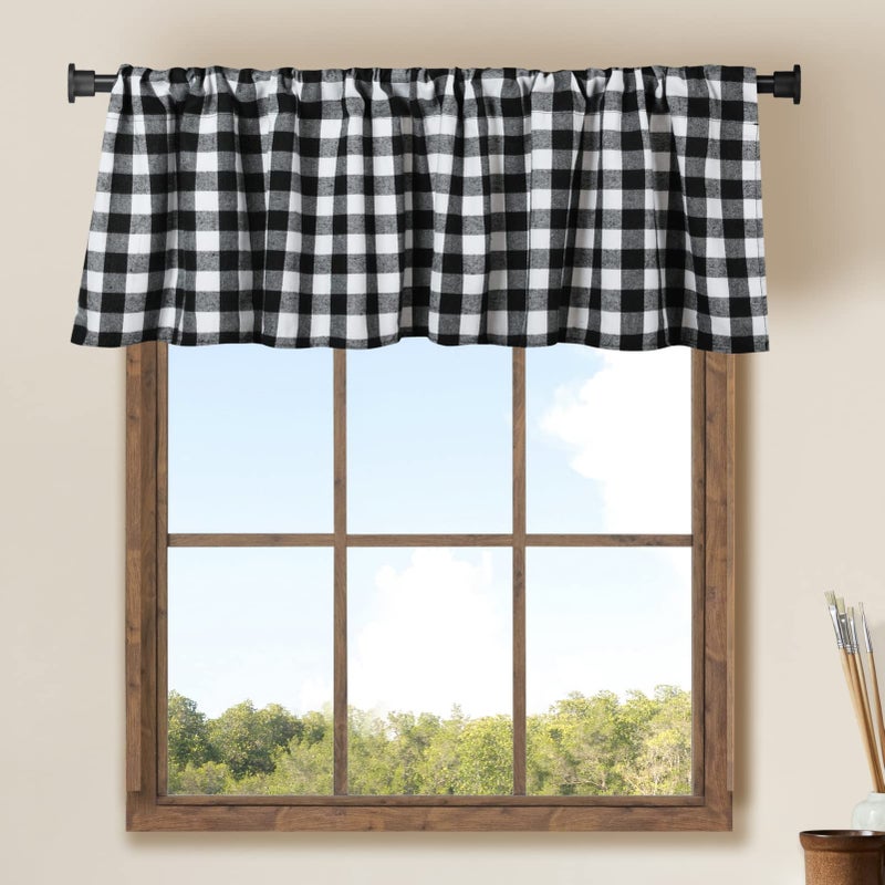 WOSIBO 2 Pack Buffalo Check Plaid Window Valances White and Black Farmhouse Design Window Treatment Decor Curtains Rod Pocket Valances for Kitchen/Living Room 16" x 56" - Image 1